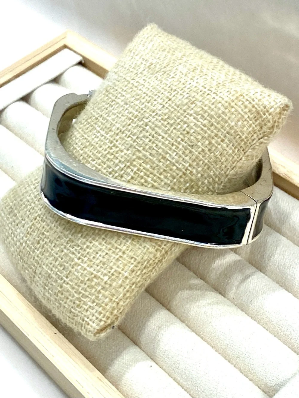 Vintage Silver Tone Square Black Enamel Hinged Bangle Bracelet Geometric Minimal